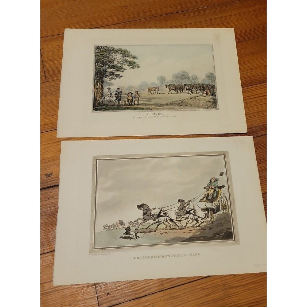 Two Antique Vintage Sketches By Thomas Rowlandson-Soldiers, Horses, Racing